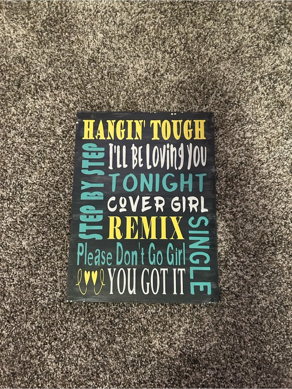 New Kids on the Block Typography Wall Art Sign - Black with Teal & Yellow Lyrics